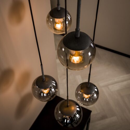 Hanglamp Bubble Shaded Getrapt met 5 smoke - glas bollen - Afbeelding 3