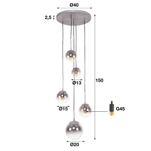 Hanglamp Bubble Shaded Getrapt met 5 smoke - glas bollen - Afbeelding 5