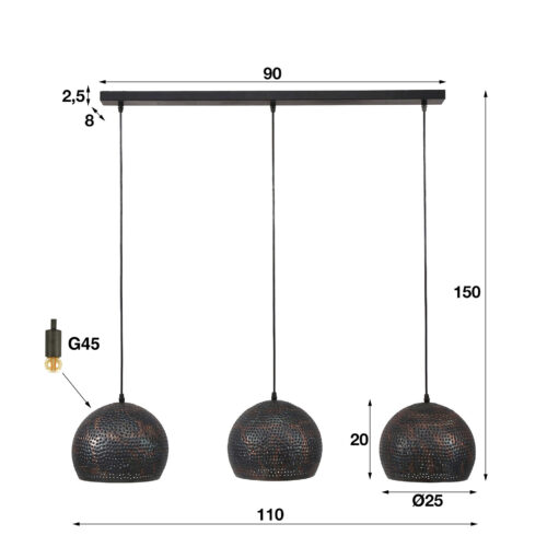 Hanglamp Punch Bol Zwart Bruin - 3 lampen - Afbeelding 4