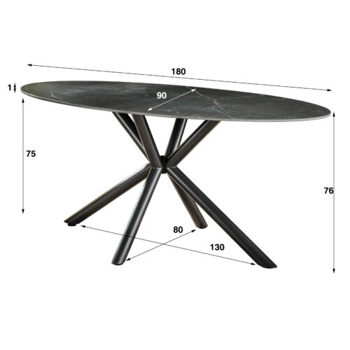 Ovale Eetkamertafel Maria Keramiek 180cm - Zwart marmerlook - Afbeelding 4