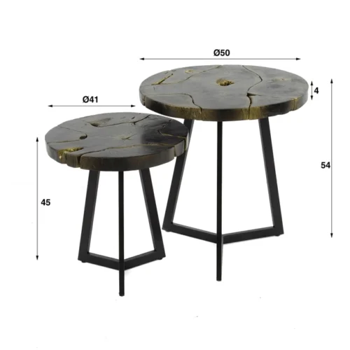 Salontafel B&G Teakhout Set van 2 stuks - Zwart/Goud - Afbeelding 5